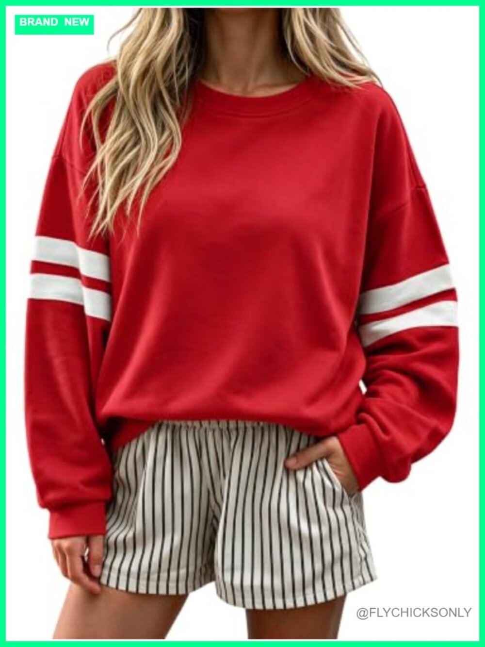 Varsity Striped Oversized Sweatshirt Crewneck Lantern Sleeve Pullover